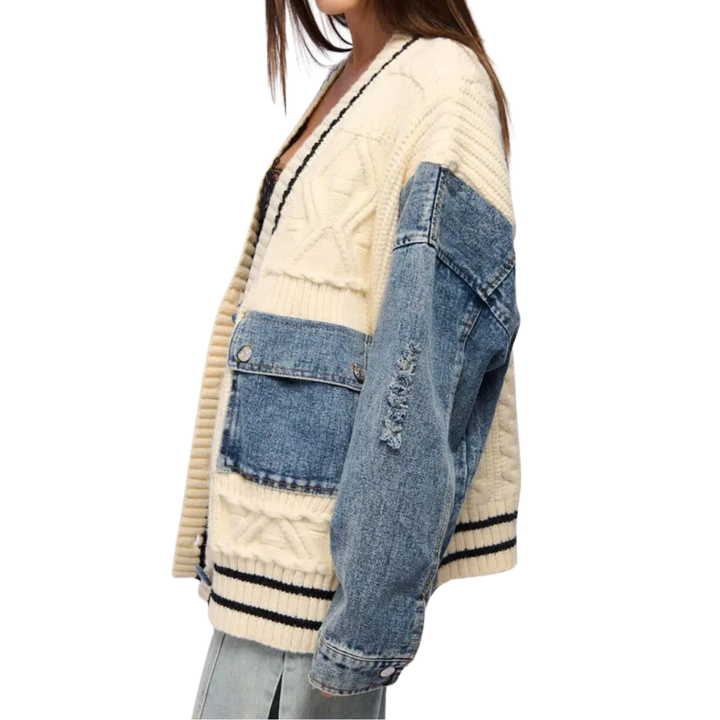 Eloise – Relaxed Denim Patchwork Knit Cardigan