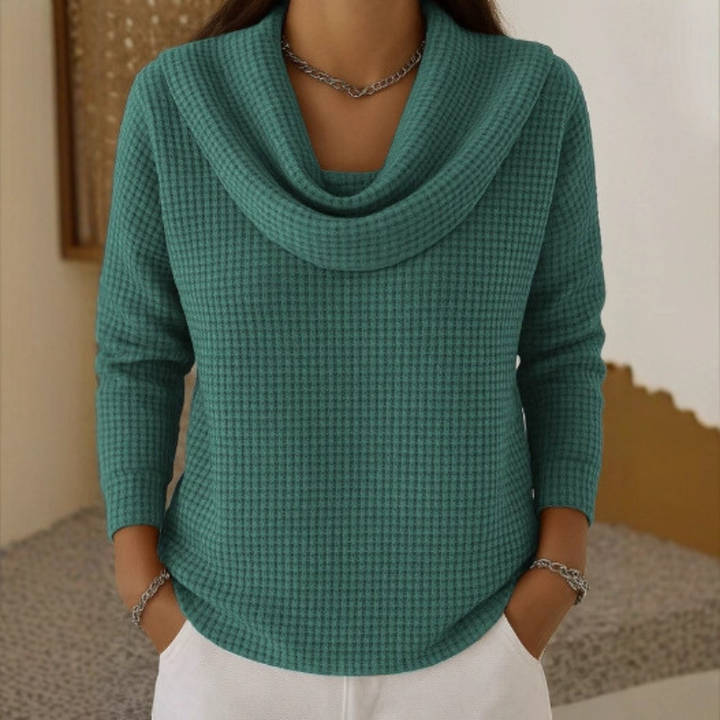 Natalia – Warm Waffle Sweater with Elegant Waterfall Neck