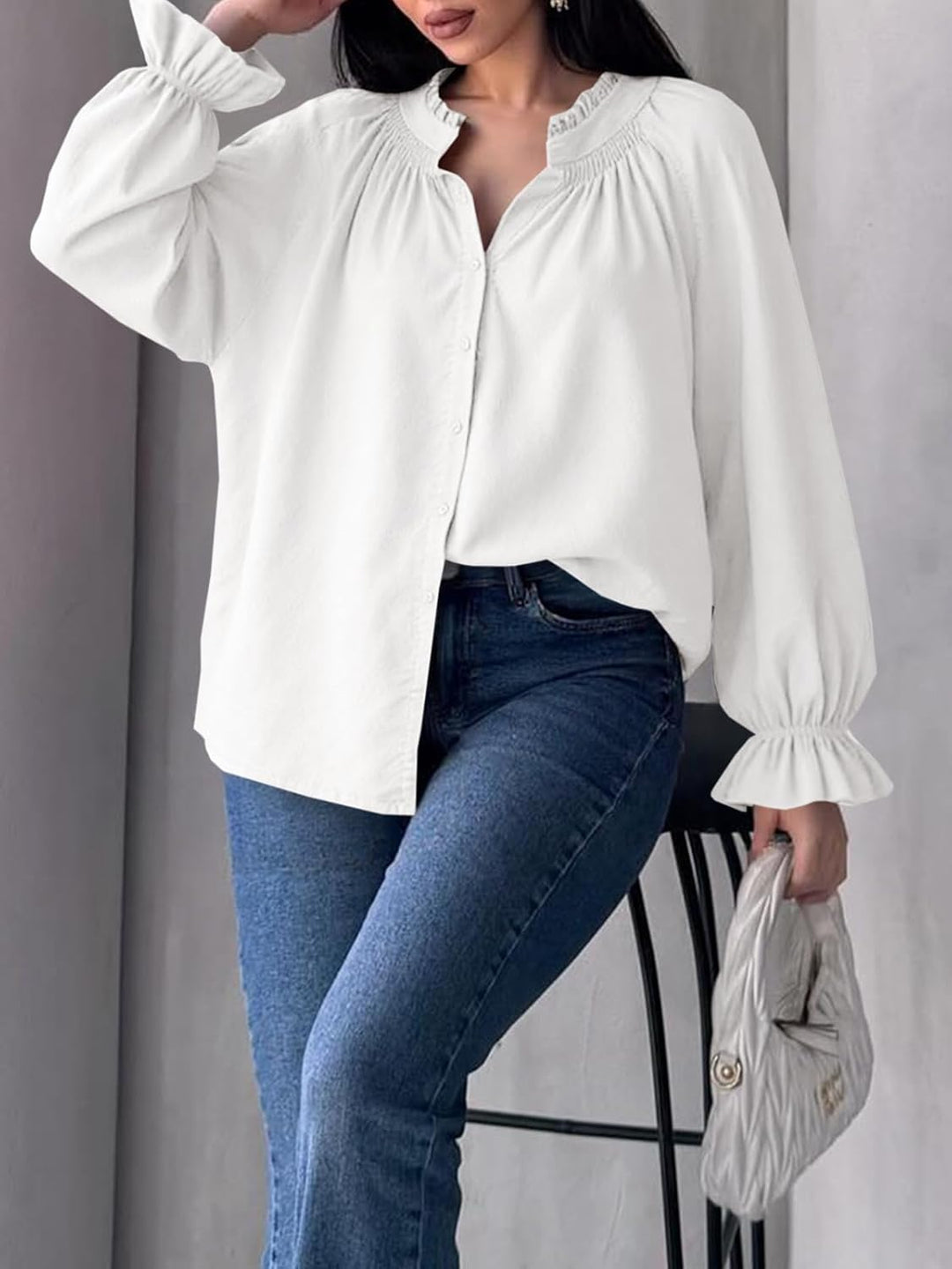 Livia - Cotton Puff Sleeve Button Down Blouse