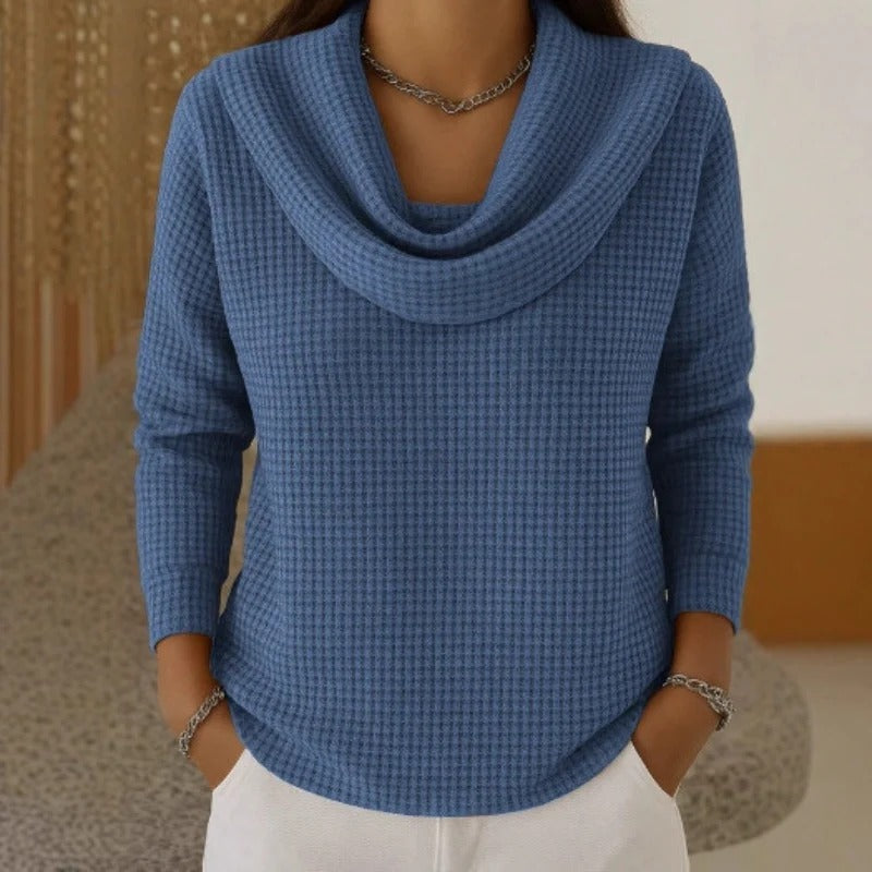 Natalia – Warm Waffle Sweater with Elegant Waterfall Neck