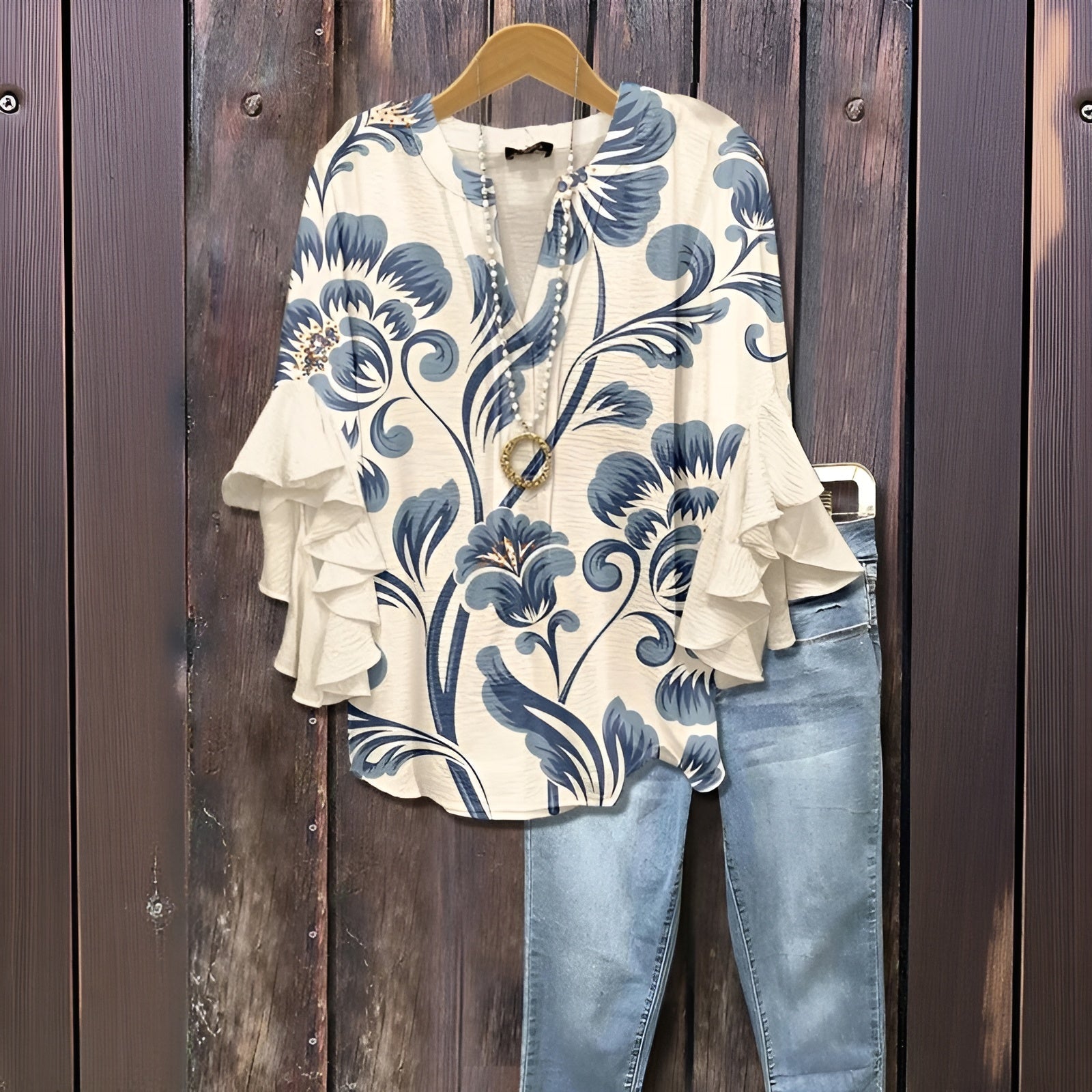 Beige with blue leaves