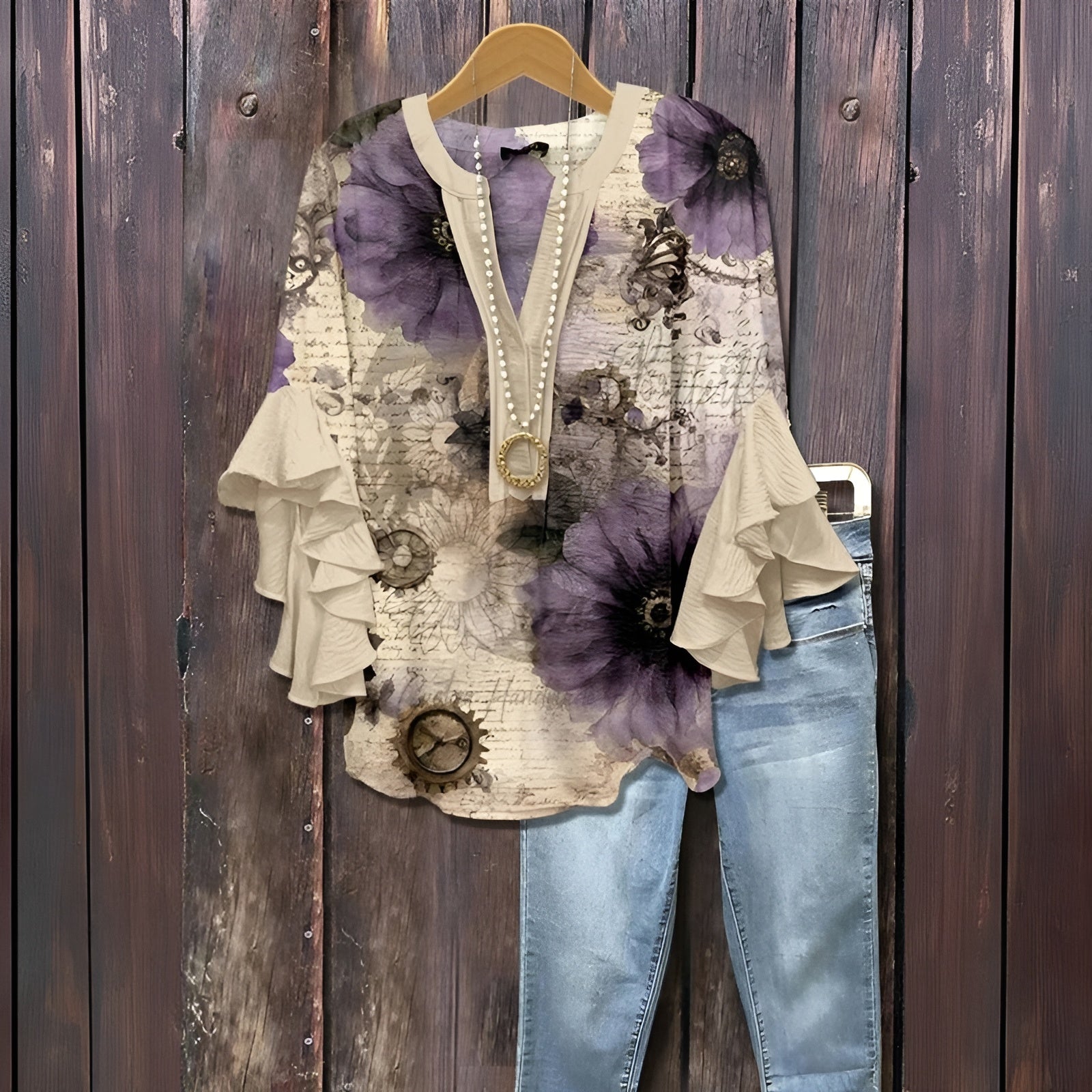 Beige with purple flowers