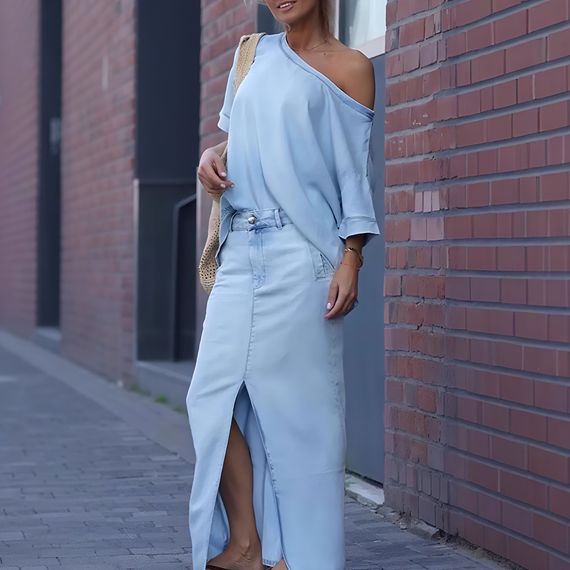 Emma | Women's Outfit: Asymmetrical Top & Denim Skirt 0