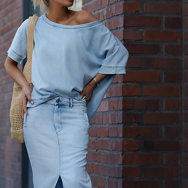 Emma | Women's Outfit: Asymmetrical Top & Denim Skirt 2
