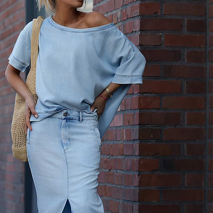 Emma | Women's Outfit: Asymmetrical Top & Denim Skirt 2