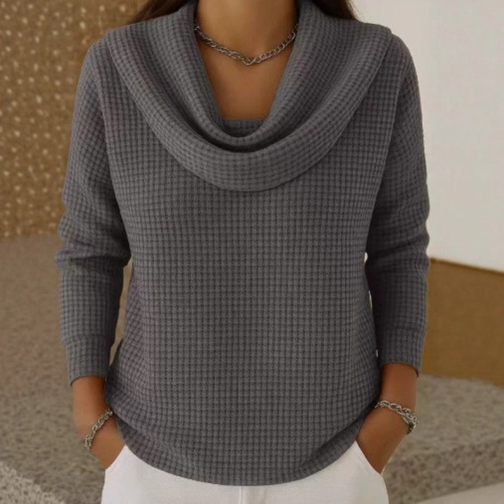 Natalia – Warm Waffle Sweater with Elegant Waterfall Neck