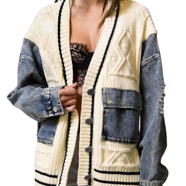 Eloise – Relaxed Denim Patchwork Knit Cardigan
