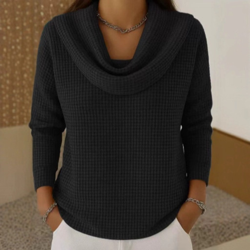 Natalia – Warm Waffle Sweater with Elegant Waterfall Neck